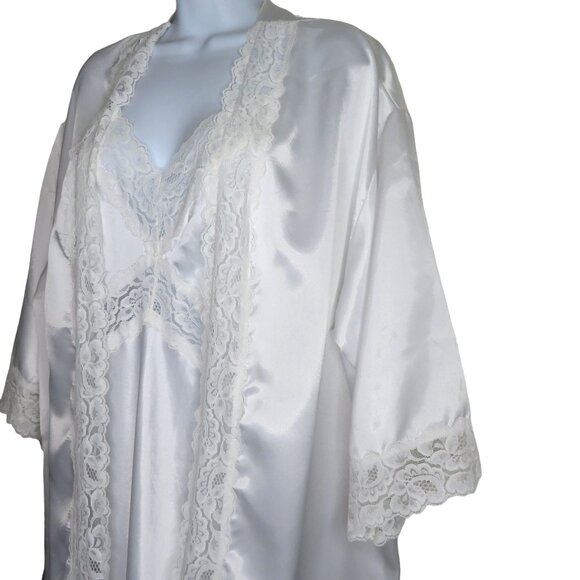 Vintage 80s White Lace Satin Slip Nightgown Robe Peignoir Set Wedding Honeymoon - Picture 7 of 16